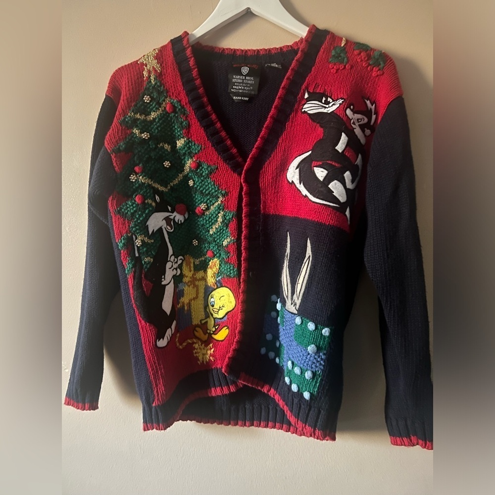 VINTAGE 1995 LOONEY TUNES/WARNER BROS.EAGLES EYE HAND KNIT XMAS SWEATER SIZE S - Picture 2 of 12